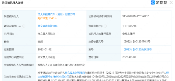 恒大汽车“又双叒叕”成老赖了 这次在贵州欠费百万