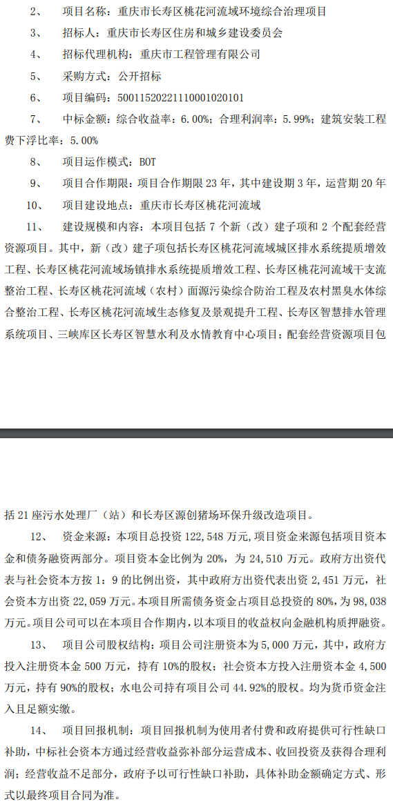 大禹节水联合体中标重庆市长寿区桃花河流域环境综合治理项目