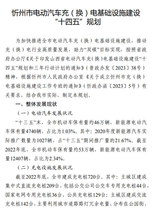 山西忻州市电动汽车充（换）电基础设施建设“十四五”规划和三年行动计划出炉