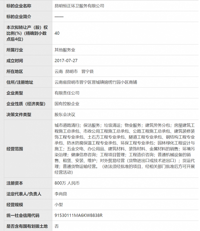 90.7万，昆明一国有控股环卫公司完成40%股权转让