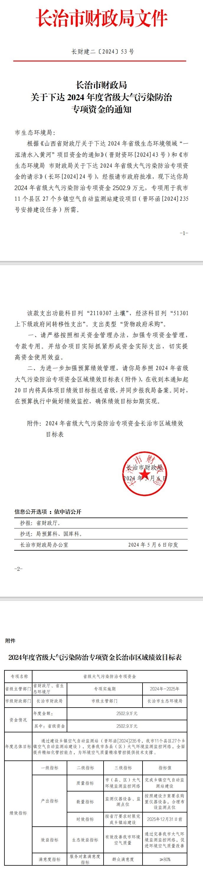 2502.9万！长治市下达2024年度省级大气污染防治专项资金，用于自动监测站建设